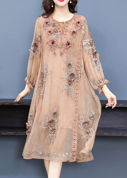 Handmade Apricot V Neck Embroideried Silk Maxi Dress Long Sleeve