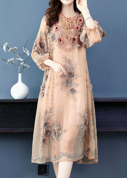 Handmade Apricot V Neck Embroideried Silk Maxi Dress Long Sleeve