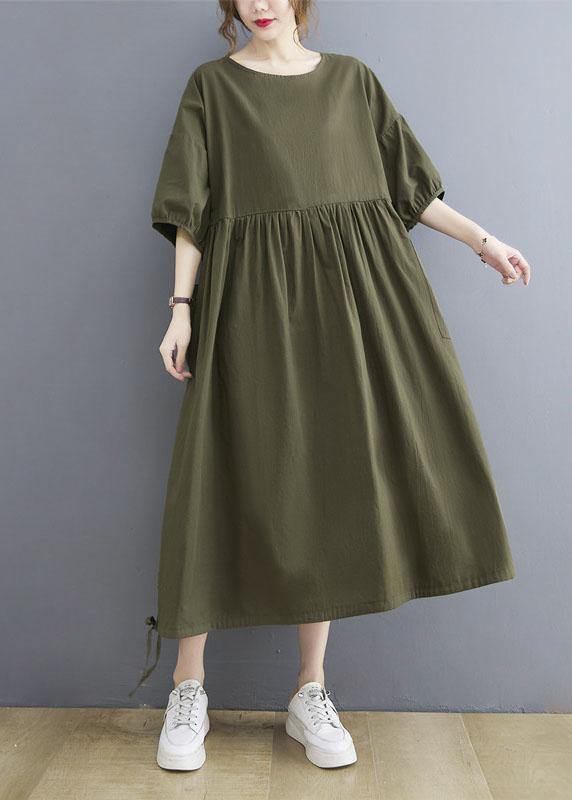 Handmade Army Green Cinched O Neck Vacation Dresses Puff Sleeve