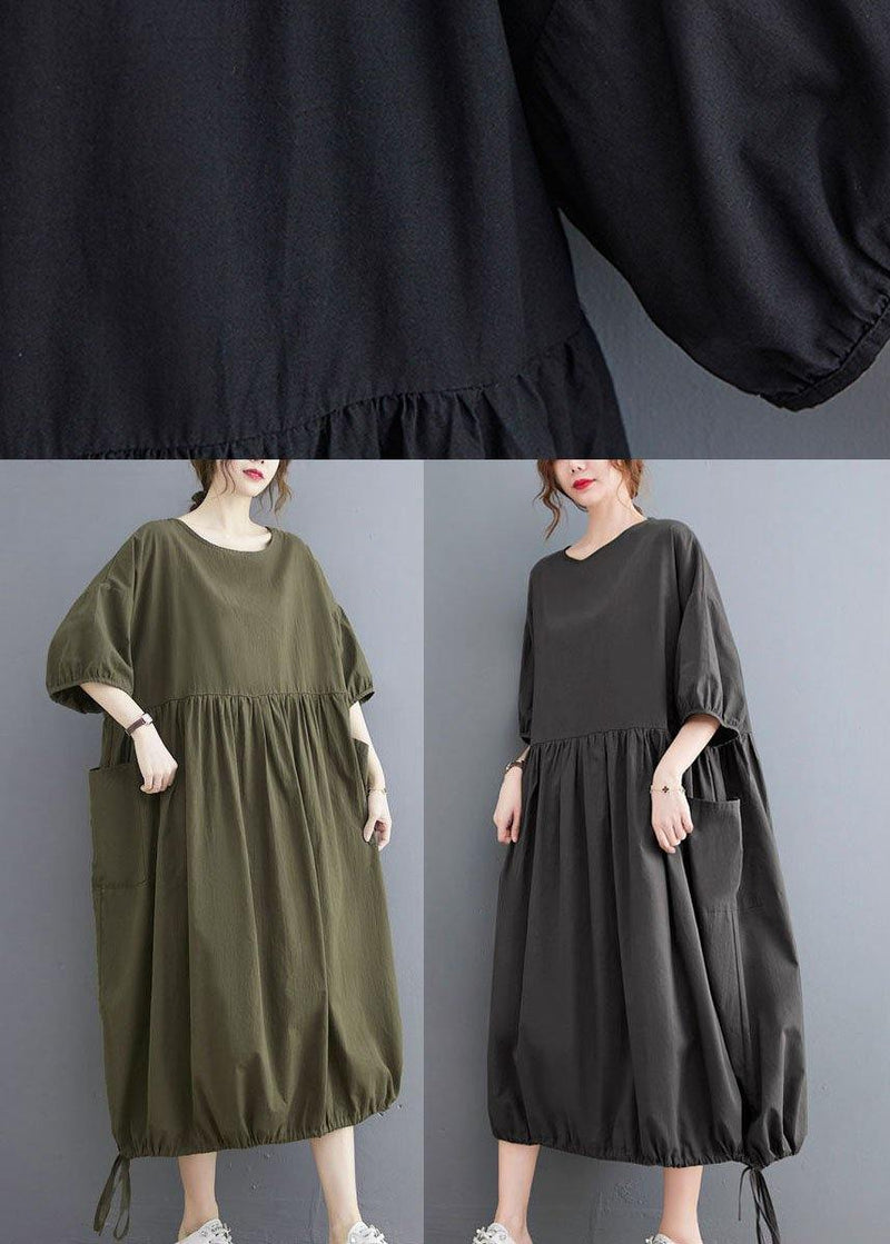 Handmade Army Green Cinched O Neck Vacation Dresses Puff Sleeve