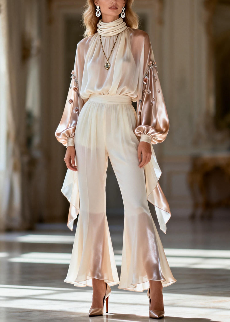 Handmade Beige Gradient Color Zircon Silk Patchwork Chiffon Two Pieces Set Spring