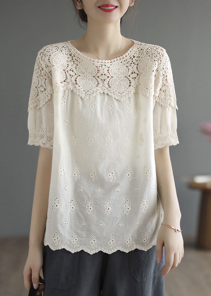 Handmade Beige O-neck Patchwork Lace Cotton Tanks Summer