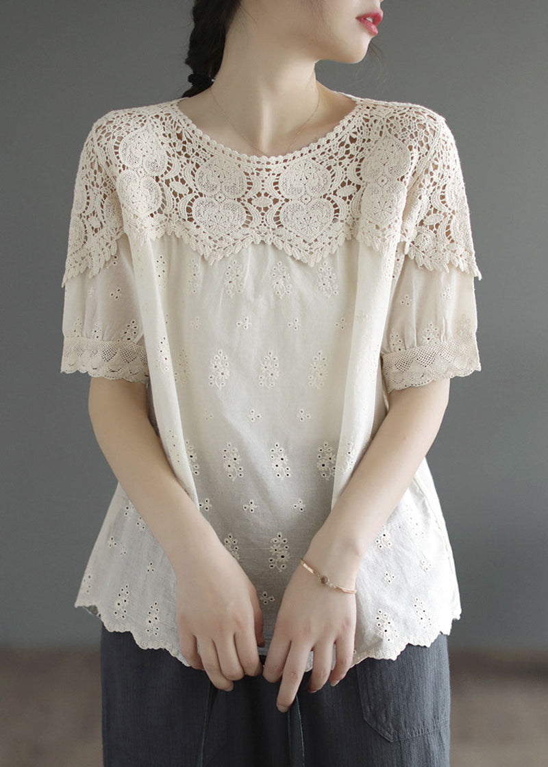 Handmade Beige O-neck Patchwork Lace Cotton Tanks Summer