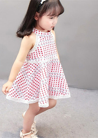 Handmade Beige O-neck Print Patchwork Baby Mid Dress Sleeveless