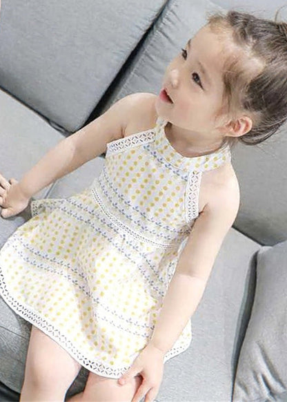 Handmade Beige O-neck Print Patchwork Baby Mid Dress Sleeveless