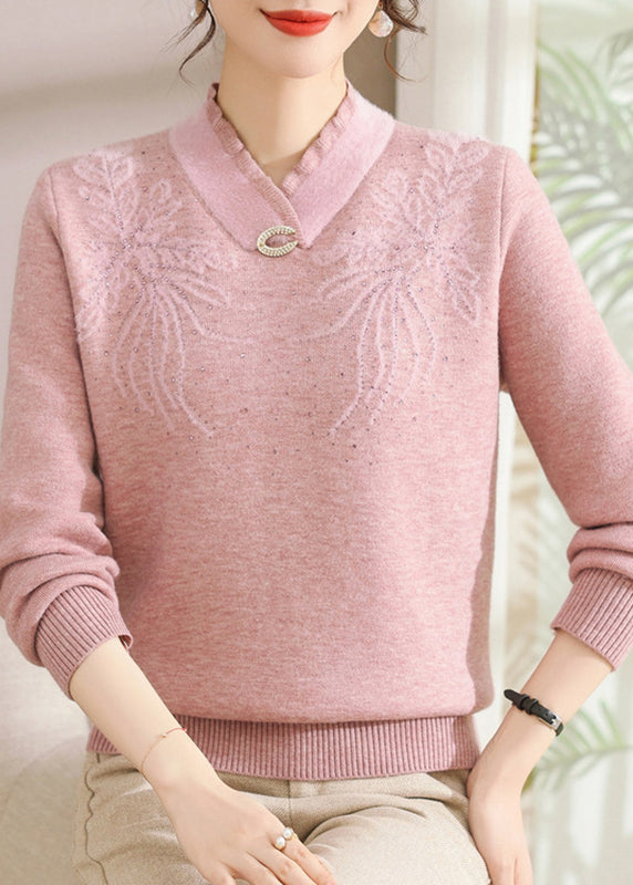 Handmade Beige V Neck Zircon Thick Knitted Cotton Sweater Fall