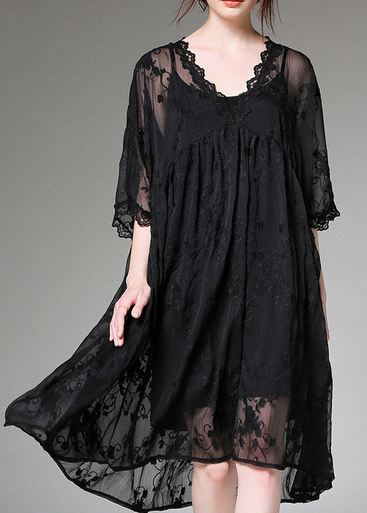 Handmade Black Embroidered Patchwork Tulle Two-piece Set Dress Summer