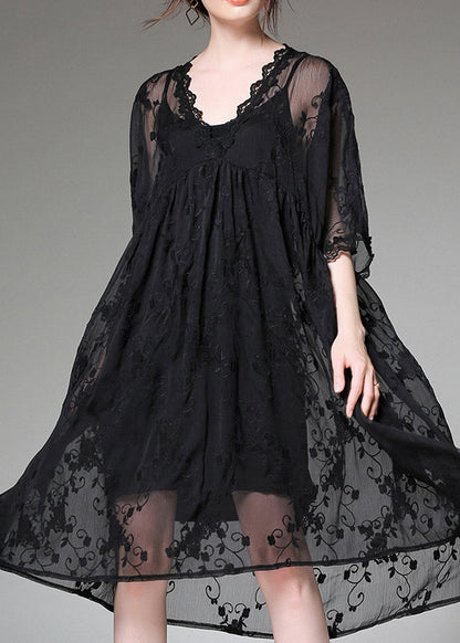 Handmade Black Embroidered Patchwork Tulle Two-piece Set Dress Summer