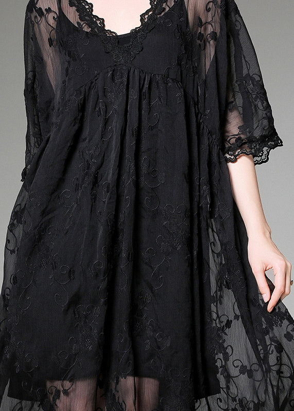 Handmade Black Embroidered Patchwork Tulle Two-piece Set Dress Summer