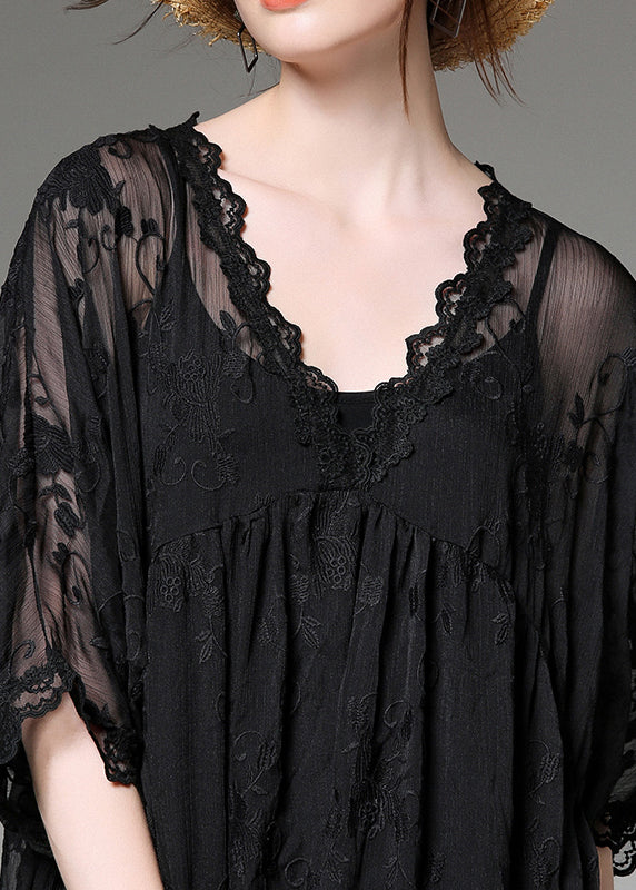 Handmade Black Embroidered Patchwork Tulle Two-piece Set Dress Summer