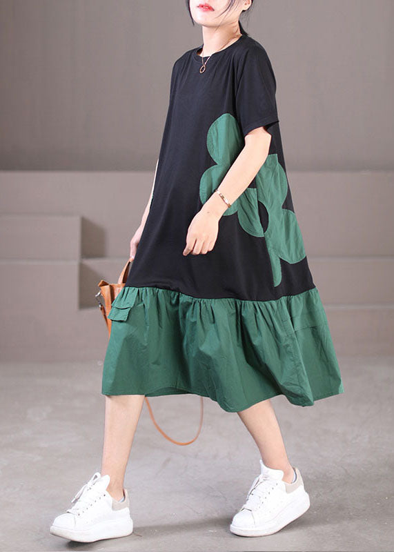 Handmade Black Green O-neck Wrinkled Cotton Long Dresses Short Sleeve