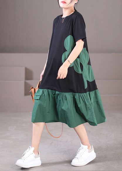 Handmade Black Green O-neck Wrinkled Cotton Long Dresses Short Sleeve