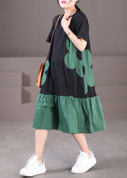 Handmade Black Green O-neck Wrinkled Cotton Long Dresses Short Sleeve