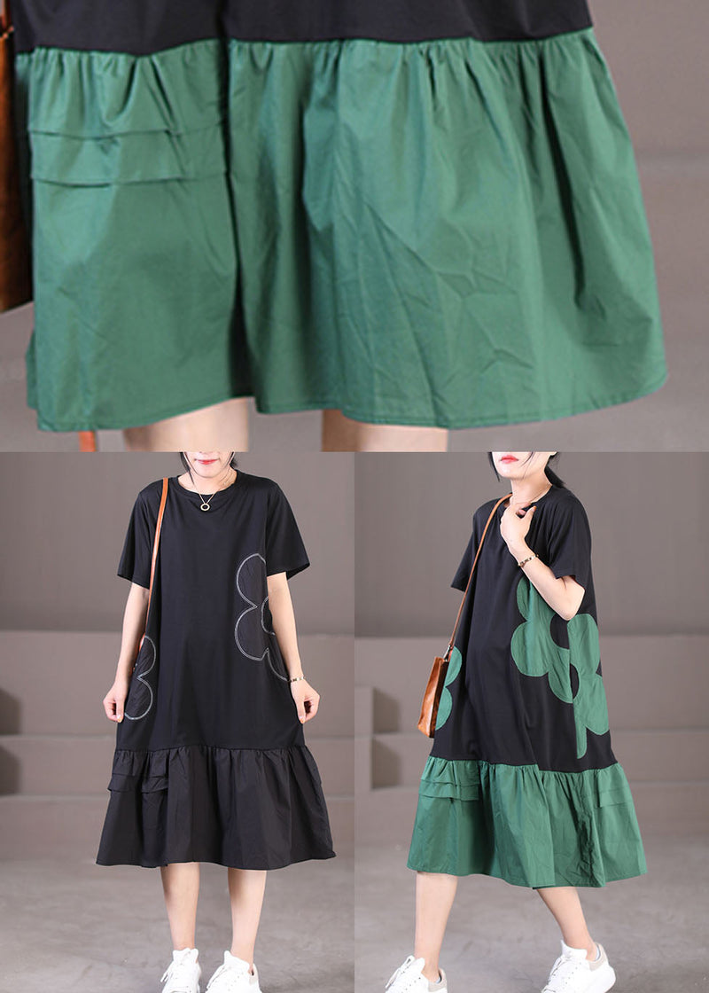 Handmade Black Green O-neck Wrinkled Cotton Long Dresses Short Sleeve