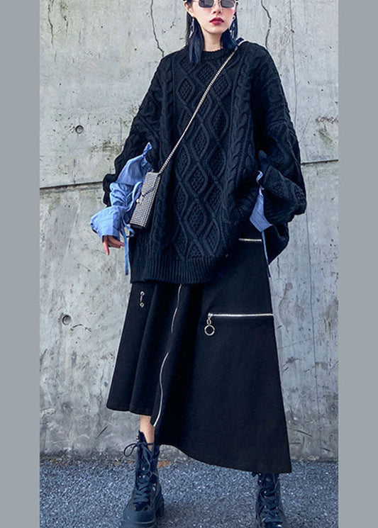 Handmade Black High Waist Pockets Zippered Asymmetrical Design Fall Skirts