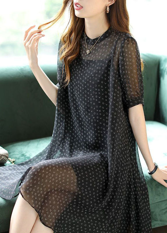 Handmade Black O-neck Letter Print Chiffon Two Piece Set Summer