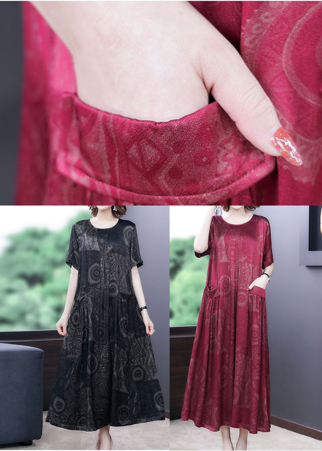 Handmade Black O-neck Print Silk Long Dress Summer