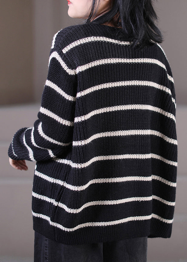 Handmade Black O-neck Striped Button Knit Sweaters Coats Fall