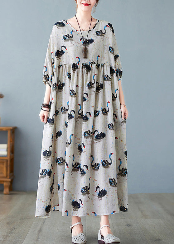 Handmade Black O-neck Swan Print Patchwork Cotton Maxi Dresses Half Sleeve