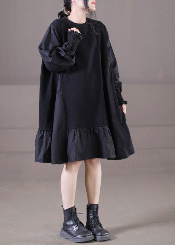 Handmade Black O-neck Wrinkled Patchwork Ruffles Cotton Mid Dress Lantern Sleeve