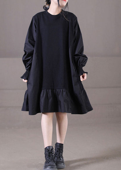 Handmade Black O-neck Wrinkled Patchwork Ruffles Cotton Mid Dress Lantern Sleeve