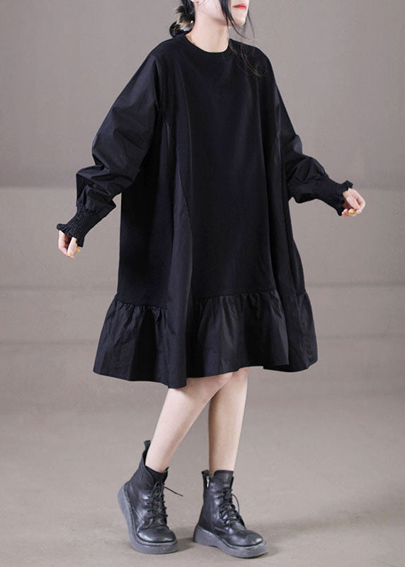 Handmade Black O-neck Wrinkled Patchwork Ruffles Cotton Mid Dress Lantern Sleeve