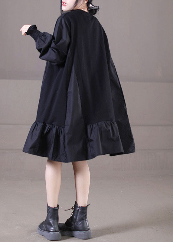 Handmade Black O-neck Wrinkled Patchwork Ruffles Cotton Mid Dress Lantern Sleeve
