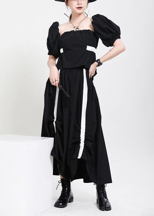 Handmade Black Patchwork Puff Sleeve Mid Dress Summer