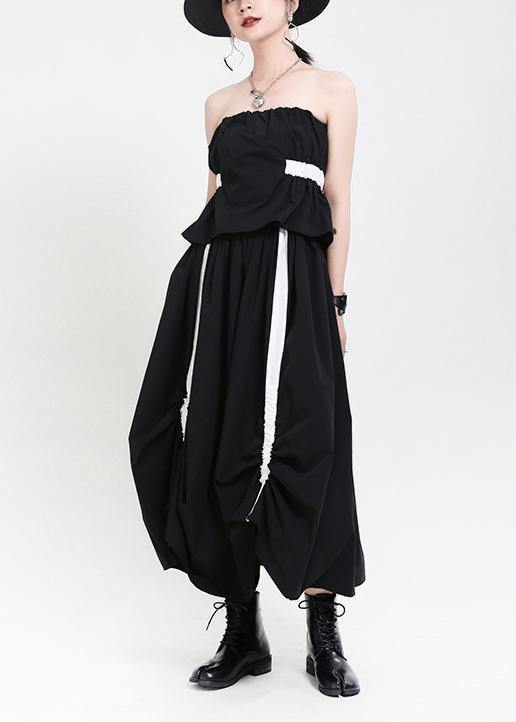 Handmade Black Patchwork Puff Sleeve Mid Dress Summer