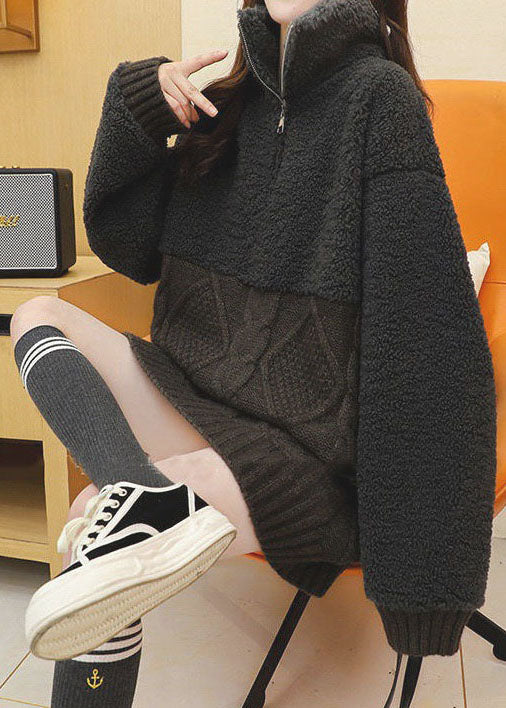 Handmade Black Patchwork Winter Fuzzy Fur Fluffy Knit Sweaters