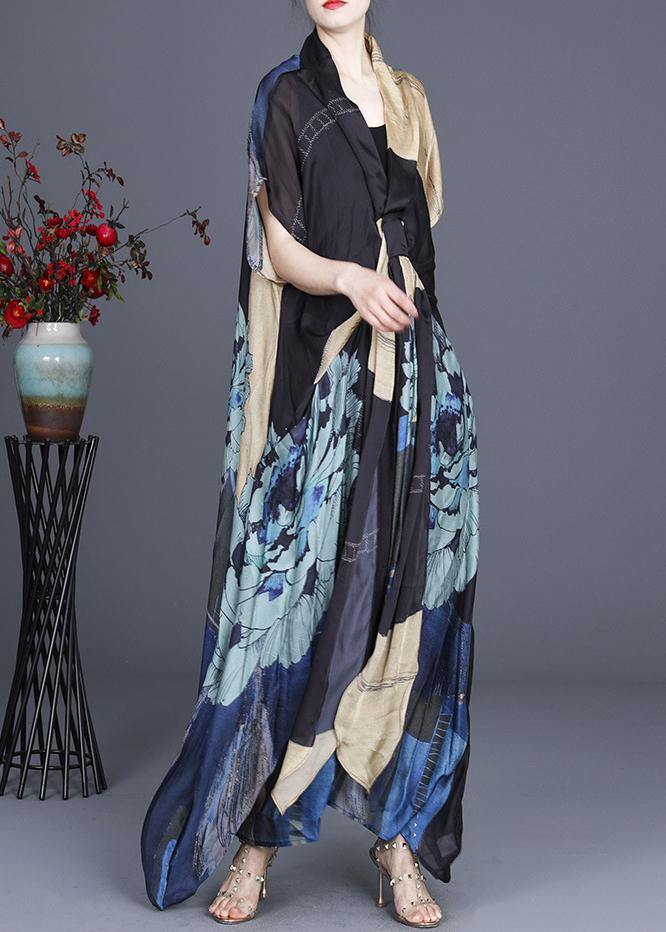 Handmade Black Print Asymmetrical Design Silk Two Pieces Set Summer Dress