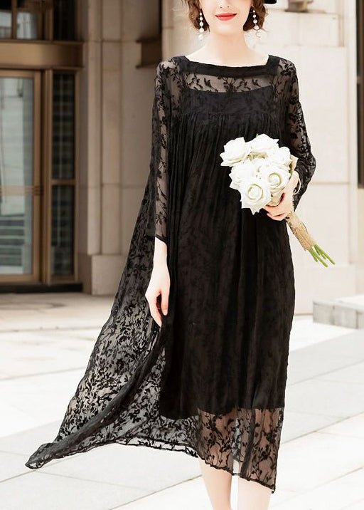 Handmade Black Square Collar Embroideried Silk a Line Dresses Summer