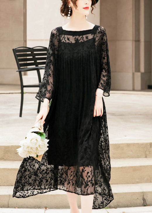 Handmade Black Square Collar Embroideried Silk a Line Dresses Summer