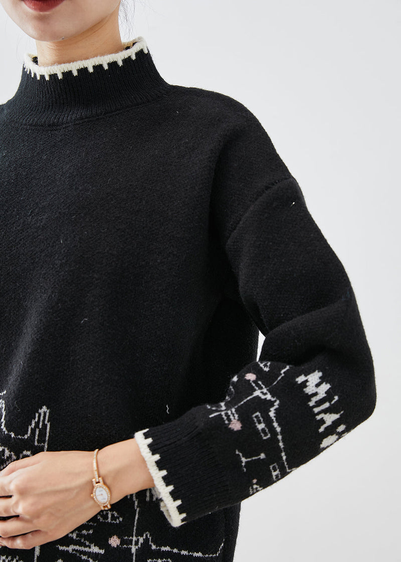 Handmade Black Stand Collar Print Knit Short Sweater Winter