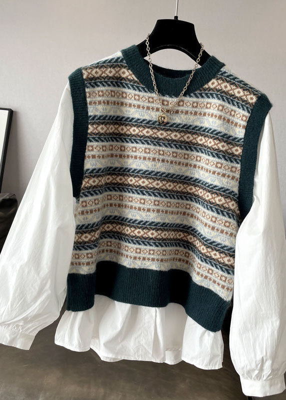 Handmade Blackish Green O-neck Print Patchwork Knit Tops Fall