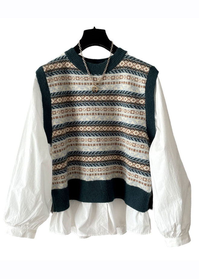 Handmade Blackish Green O-neck Print Patchwork Knit Tops Fall