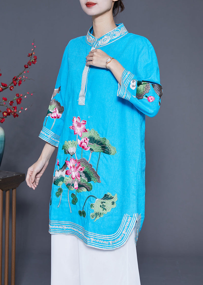 Handmade Blue Lotus Embroideried Linen Mid Dress Summer