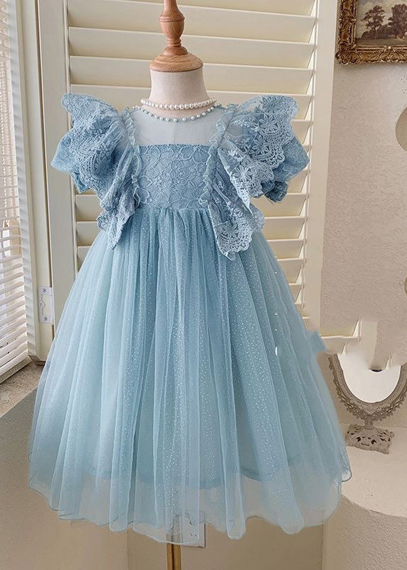 Handmade Blue O-neck Patchwork Nail Bead Tulle Maxi Dress Summer