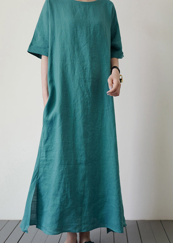 Handmade Blue O-neck Tie Waist Long Dresses Summer