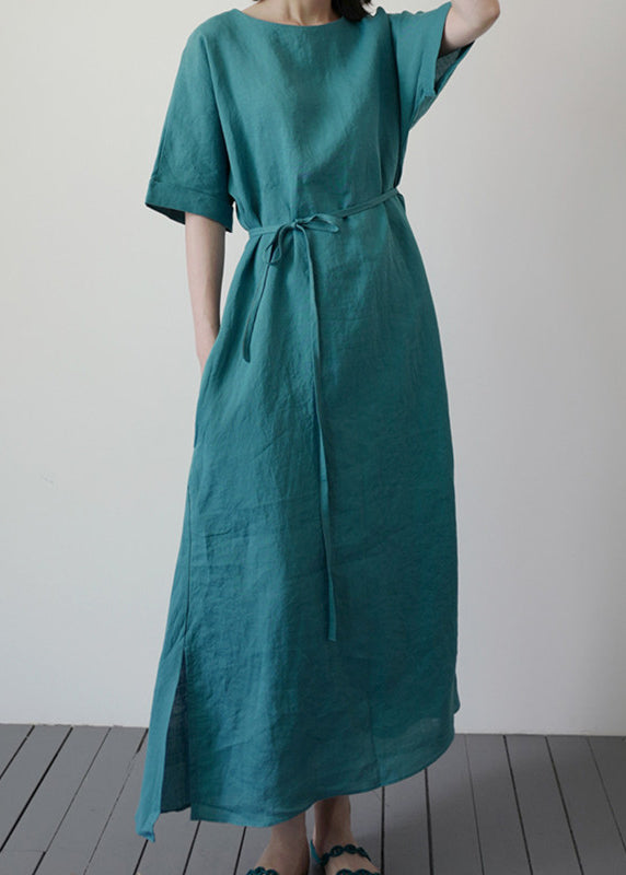 Handmade Blue O-neck Tie Waist Long Dresses Summer