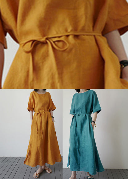 Handmade Blue O-neck Tie Waist Long Dresses Summer