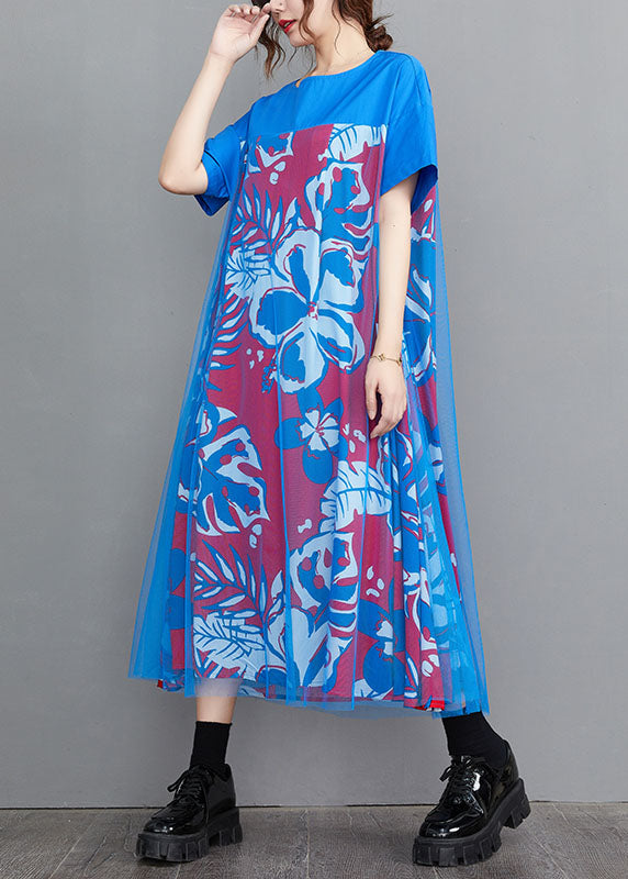 Handmade Blue O-neck Tulle Patchwork Print Cotton a Line Dress Short Sleeve