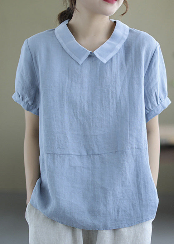 Handmade Blue Patchwork Ramie T Shirt Summer