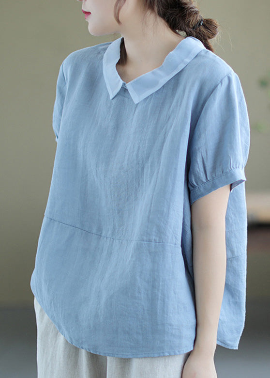 Handmade Blue Patchwork Ramie T Shirt Summer