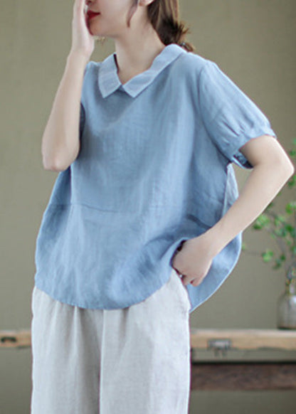Handmade Blue Patchwork Ramie T Shirt Summer