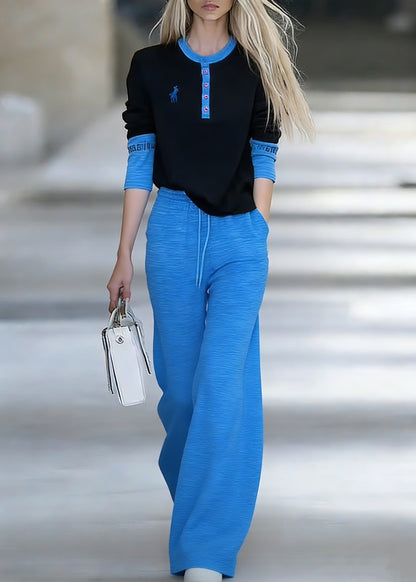 Handmade Blue Patchwork Top and Wide Leg Pants Two-piece Set Spring