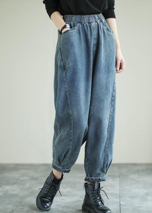Handmade Blue Patchwork Denim Pants Spring