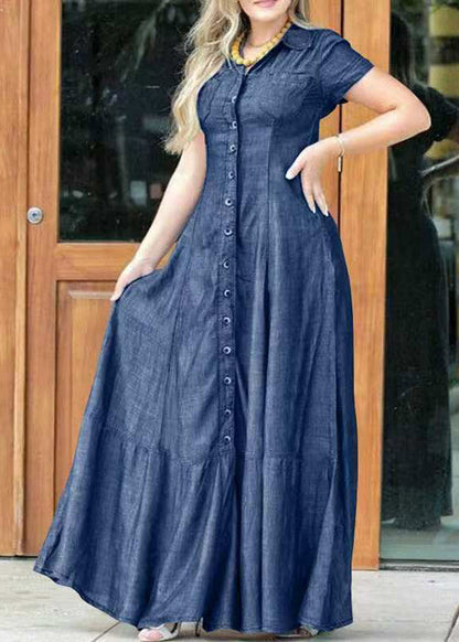 Handmade Blue Peter Pan Collar Button Maxi Dress Summer