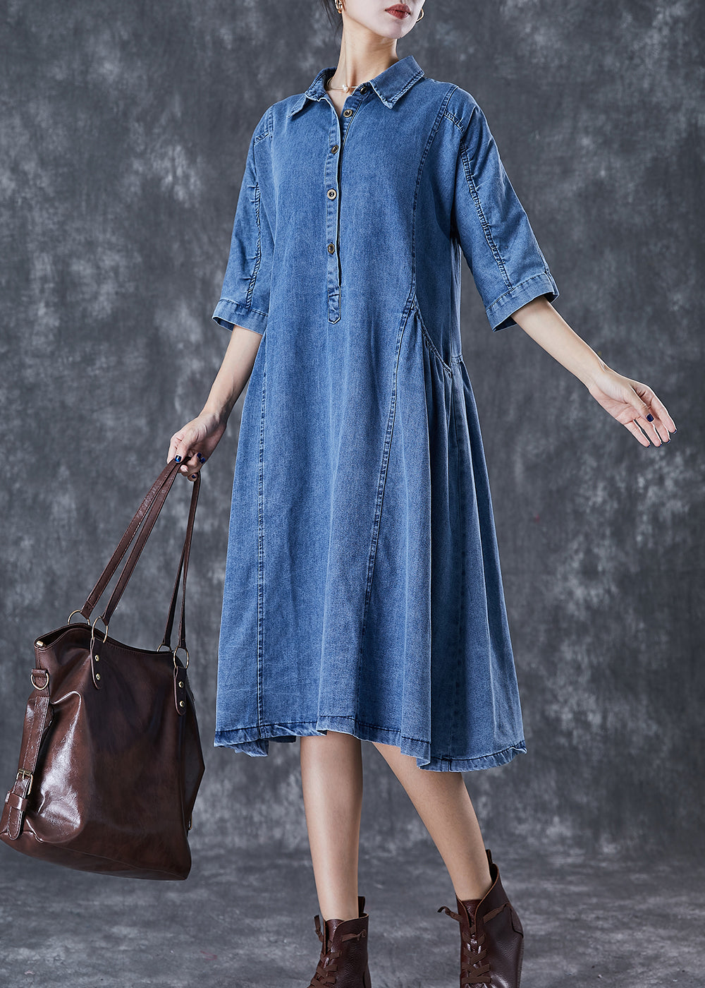 Handmade Blue Peter Pan Collar Denim a Line Dresses Half Sleeve