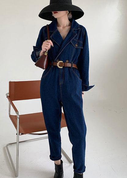 Handmade Blue Peter Pan Collar Denim Jumpsuit Spring